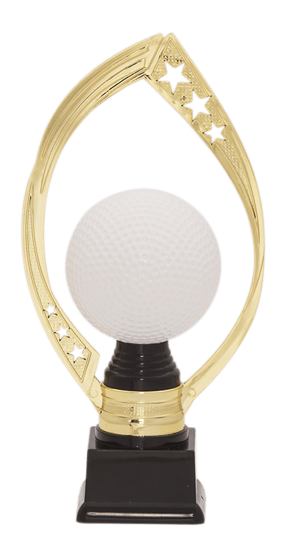 Golfová trofej zlatej farby s loptou