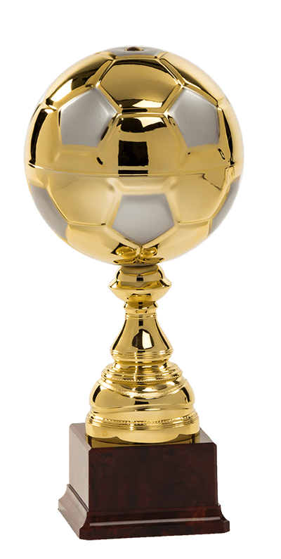 Futbalový pohár zlatej farby v tvare lopty